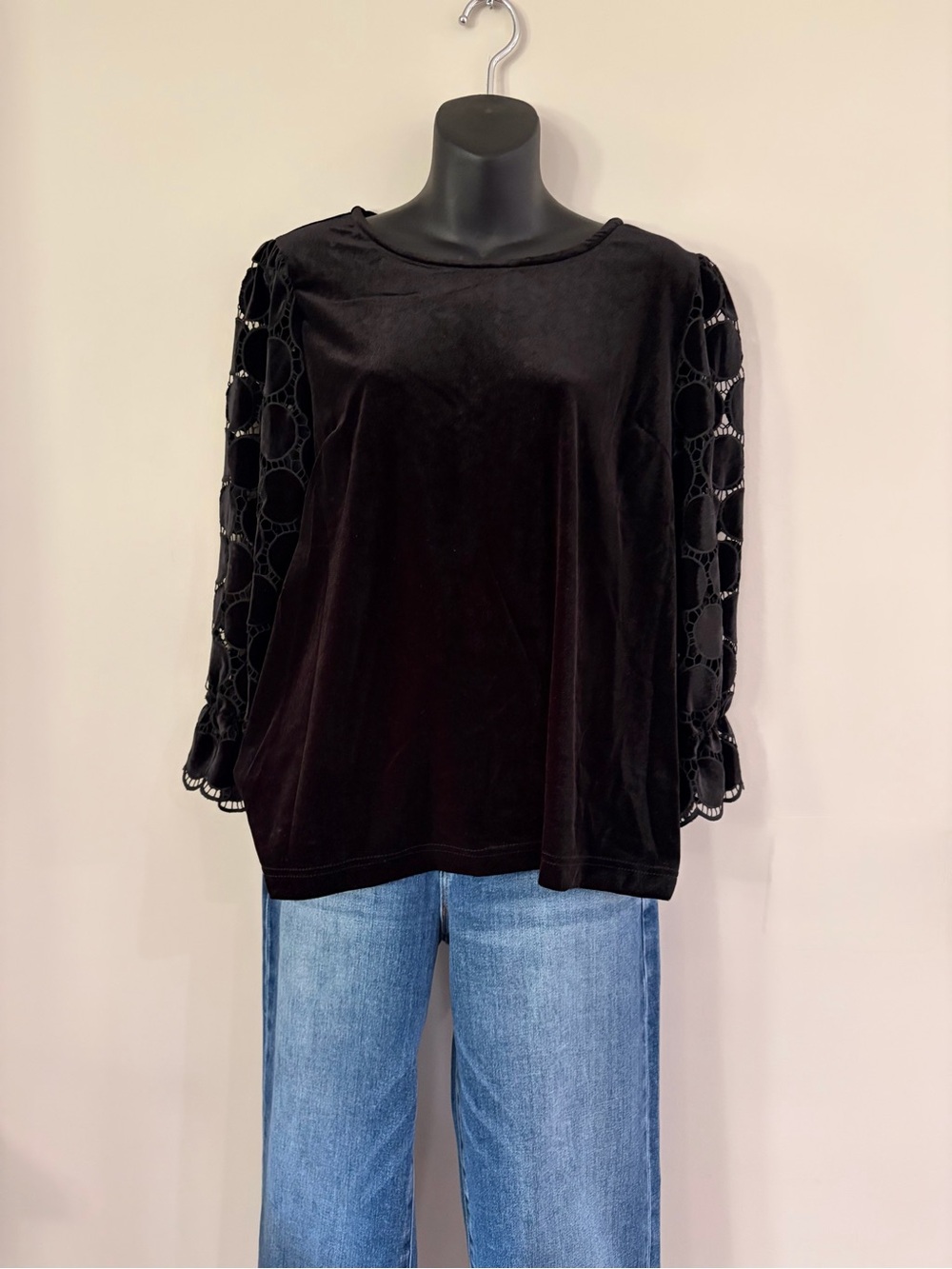 Black Velvet Long-Sleeve Top with Embroidered Sheer Sleeves by Umgee designer